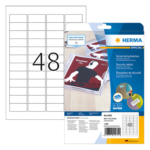 Herma 4232 veiligheidsetiketten A4 45,7 x 21,2 mm wit extreem sterk hechtend (1200 etiketten) 4232 230452 - 1