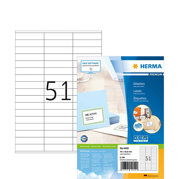 Herma 4459 Premium etiketten A4 70 x 16,9 mm wit permanent hechtend (5100 etiketten) 230498 - 1
