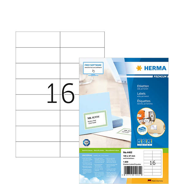 Herma 4462 Premium etiketten A4 105 x 37 mm wit permanent hechtend (1600 etiketten) 230500 - 1