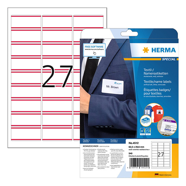 Herma 4512 naambadge/textiel etiketten A4 63,5 x 29,6 wit/rood (540 etiketten) 4512 230804 - 1