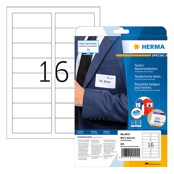 Herma 4515 naam-/textieletiketten verwijderbaar A4 88,9 x 33,8 mm wit (320 etiketten) 4515 230510 - 1