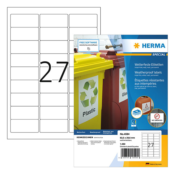 Herma 4594 weersbestendige inkjet etiketten A4 63,5 x 29,6 mm wit (1080 etiketten) 230745 - 1