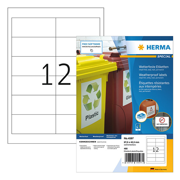Herma 4597 weersbestendige inkjet etiketten A4 97 x 42,3 mm wit (480 etiketten) 230746 - 1