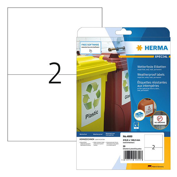 Herma 4600 weersbestendige inkjet etiketten A4 210 x 148 mm wit (20 etiketten) 230762 - 1