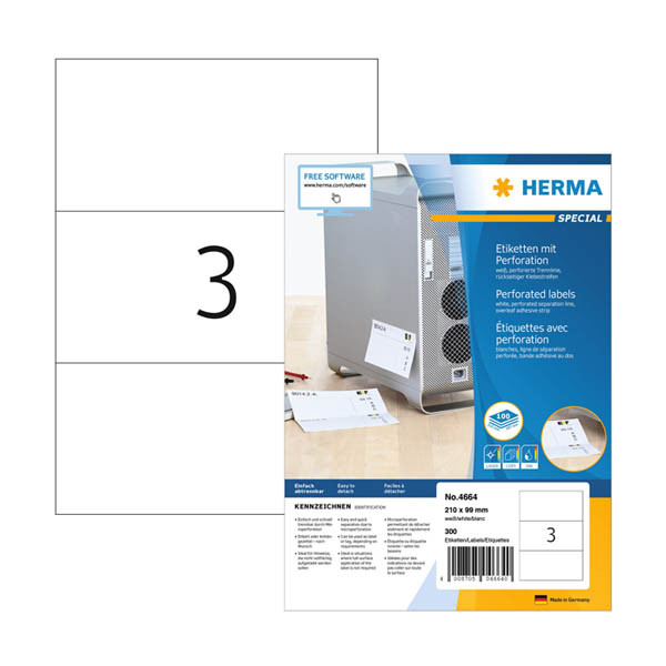 Herma 4664 etiketten met perforatie 210 x 99 mm wit (300 etiketten) 4664 230827 - 1