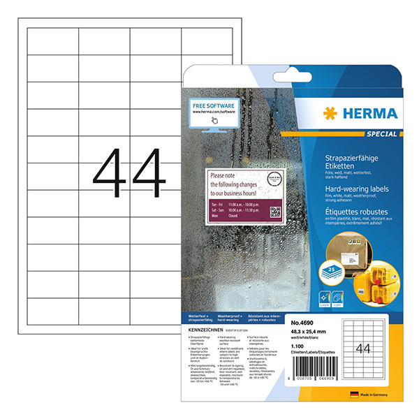 Herma 4690 weersbestendige folie etiketten A4 48,3 x 25,4 mm wit (1100 etiketten) 230756 - 1