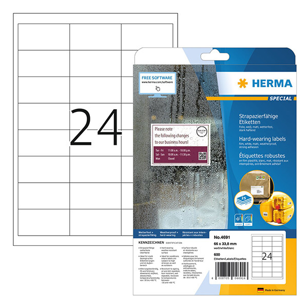 Herma 4691 weersbestendige folie etiketten A4 66 x 33,8 mm wit (600 etiketten) 230757 - 1