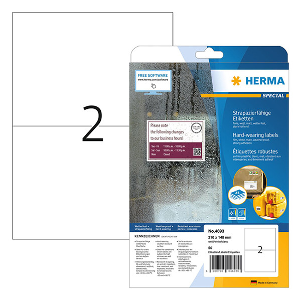 Herma 4693 weersbestendige folie etiketten A4 210 x 148 mm wit (50 etiketten) 230752 - 1