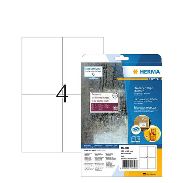 Herma 4697 weersbestendige folie etiketten A4 105 x 148 mm wit (100 etiketten) 230751 - 1