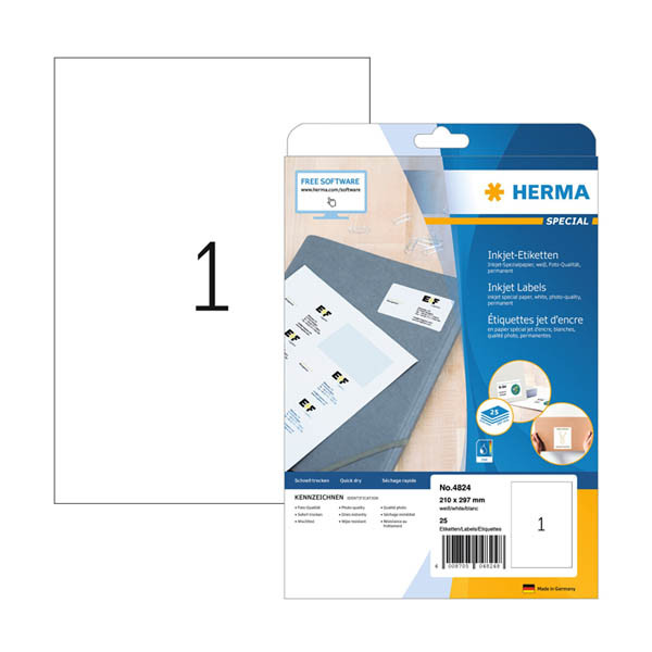 Herma 4824 inkjet etiketten A4 210 x 297 mm wit (25 etiketten) 4824 230817 - 1