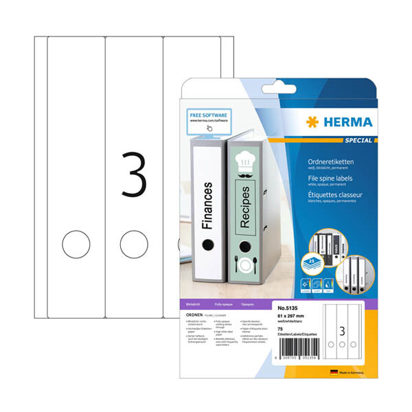 Herma 5135 printbare rugetiketten 61 x 297 mm A4 zelfklevend breed wit (75 etiketten) 5135 230879 - 1