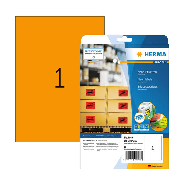 Herma 5149 universele etiketten A4 210 x 297 mm neon oranje (20 etiketten) 5149 230868 - 1