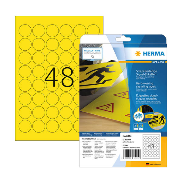 Herma 8034 weerbestendige folie etiketten A4 Ø 30 mm geel (1200 etiketten) 8034 230898 - 1
