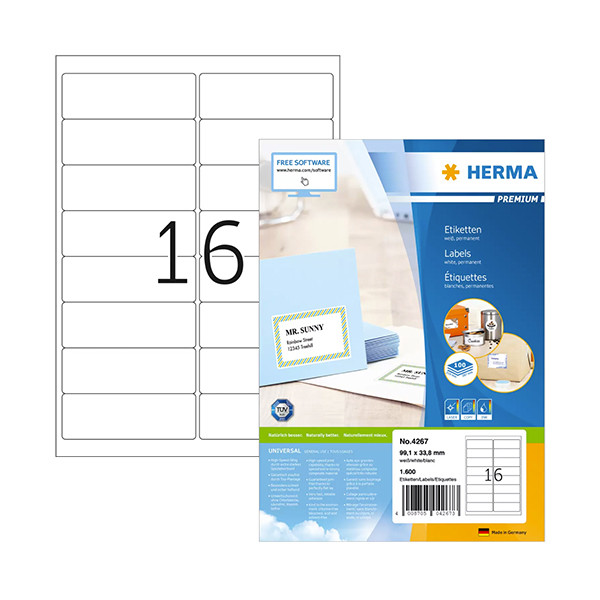 Herma Premium 4267 permanent hechtende adresetiketten A4 99,1 x 33,8 mm wit (1600 etiketten) 4267 238348 - 1