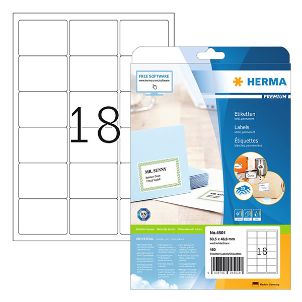 Herma Premium 4501 permanent hechtende etiketten A4 63,5 x 46,6 mm wit (450 etiketten) 4501 230595 - 1