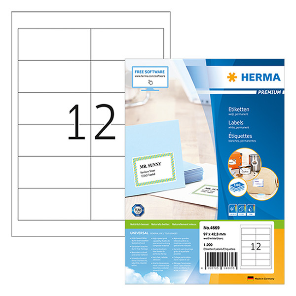 Herma Premium 4669 permanent hechtende etiketten A4 97 x 42,3 mm wit (1200 etiketten) 4669 230518 - 1