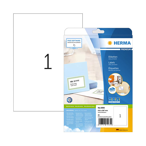 Herma Premium 5065 permanent hechtende etiketten 210 x 297 mm wit (25 etiketten) 5065 238355 - 1