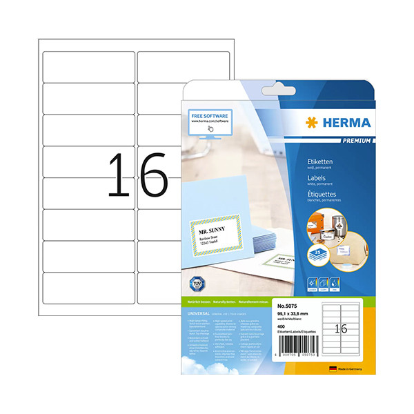 Herma Premium 5075 permanent hechtende adresetiketten 99,1 x 33,8 mm wit (400 etiketten) 5075 230412 - 1