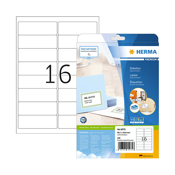 Herma Premium 5075 permanent hechtende adresetiketten A4 99,1 x 33,8 mm wit (400 etiketten) 5075 230412 - 1