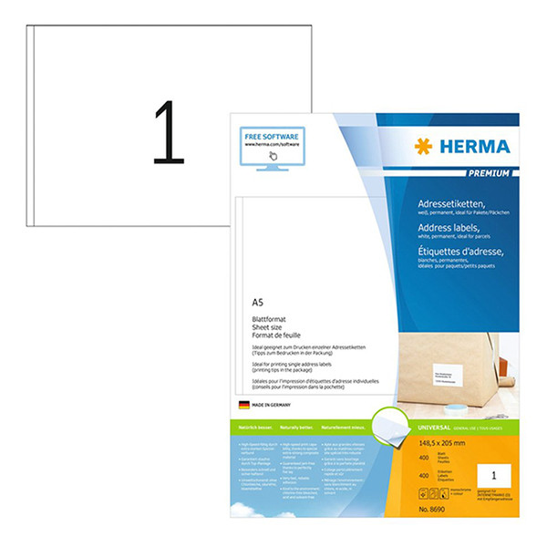 Herma Premium 8690 permanent hechtende etiketten A5 205 x 148,5 mm wit (400 etiketten) 8690 230415 - 1