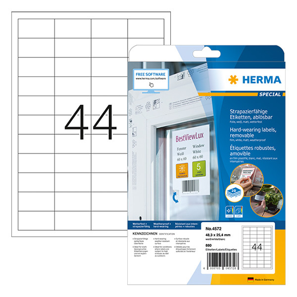 Herma Special 4572 verwijderbare weervaste folie-etiketten A4 48,3 x 25,4 mm wit (880 etiketten) 4572 230511 - 1
