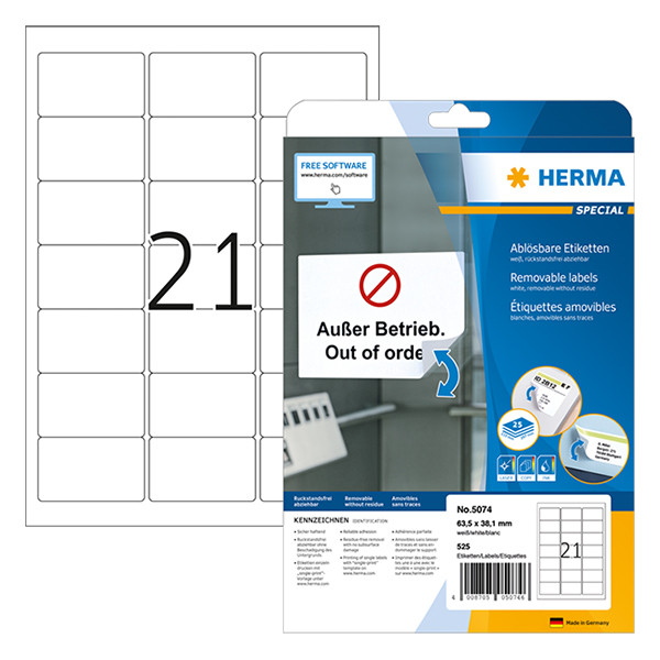 Herma Special 5074 verwijderbare adresetiketten A4 63,5 x 38,1 mm wit (525 etiketten) 5074 230524 - 1