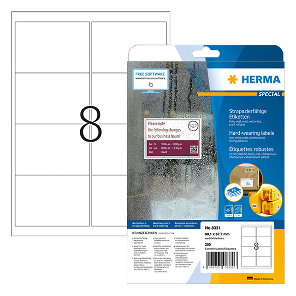 Herma Special 8331 extreem sterk hechtende weervaste folie-etiketten A4 99,1 x 67,7 mm wit (200 etiketten) 8331 230530 - 1
