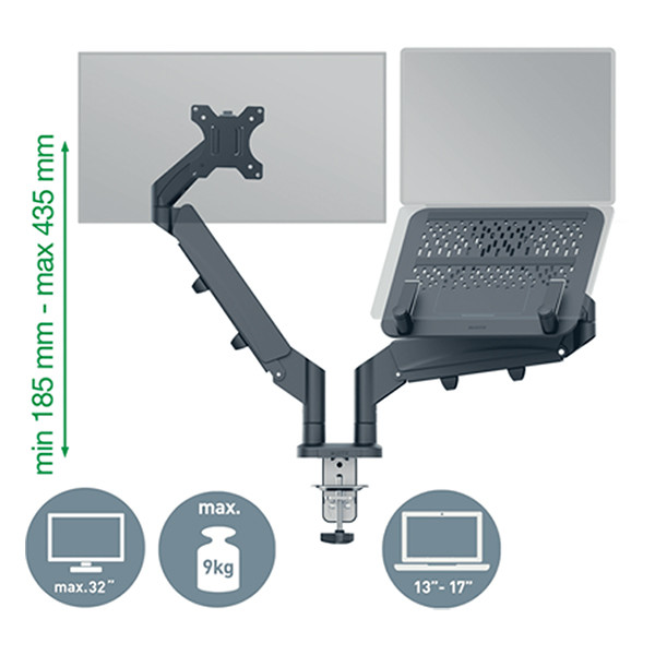 Leitz Ergo ruimtebesparende dubbele monitorarm en laptoparm donkergrijs (met klem en bladdoorvoer) 65380089 226601 - 2