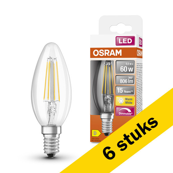 Aanbieding: 6x Osram E14 filament led-lamp kaars helder dimbaar 5.5W (60W) LOS00133 - 1