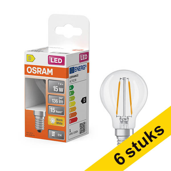 Aanbieding: 6x Osram LED lamp E14 | Kogel P45 | Filament | Helder | 2700K | 1W (15W) LOS01888 - 1