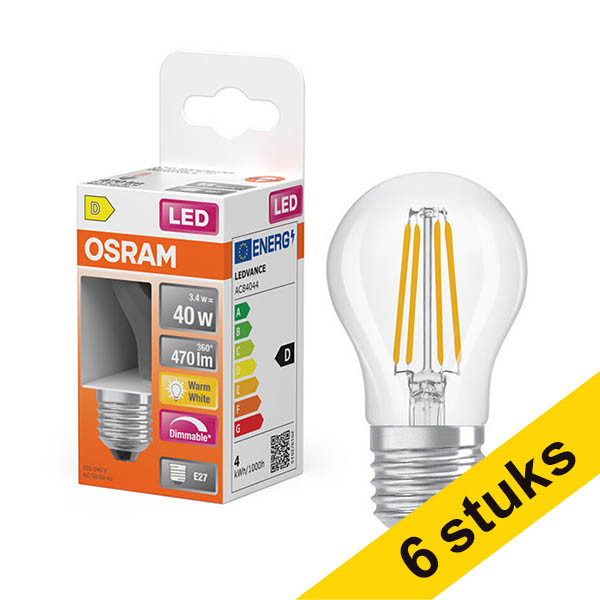 Aanbieding: 6x Osram LED lamp E27 | Kogel P45 | Filament | Helder | 2700K | Dimbaar | 3.4W (40W) LOS01872 - 1
