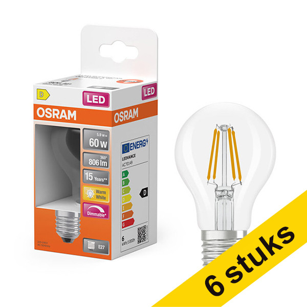 Aanbieding: 6x Osram LED lamp E27 | Peer A60 | Filament | 2700K | Helder | Dimbaar | 5.9W (60W) LOS01808 - 1