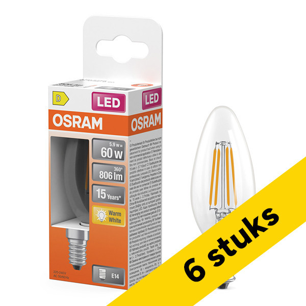 Aanbieding: 6x Osram ledlamp E14 | Kaars B35 | Filament | Helder | 2700K | 5.5W (60W) LOS01190 - 1