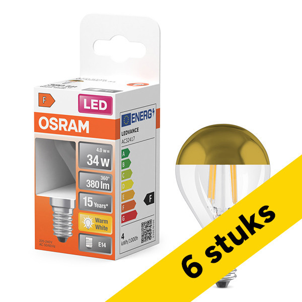 Aanbieding: 6x Osram ledlamp E14 | Kogel P45 | Filament | Kopspiegel | Goud | 2700K | 4W (34W) LOS01698 - 1