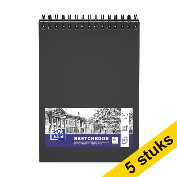 Aanbieding: 5x Oxford schetsboek hardcover spiraal A4 100 g/m² zwart (50 vellen) 237652 - 1