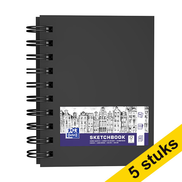 Aanbieding: 5x Oxford schetsboek hardcover spiraal A6 100 g/m² zwart (80 vellen) 237653 - 1