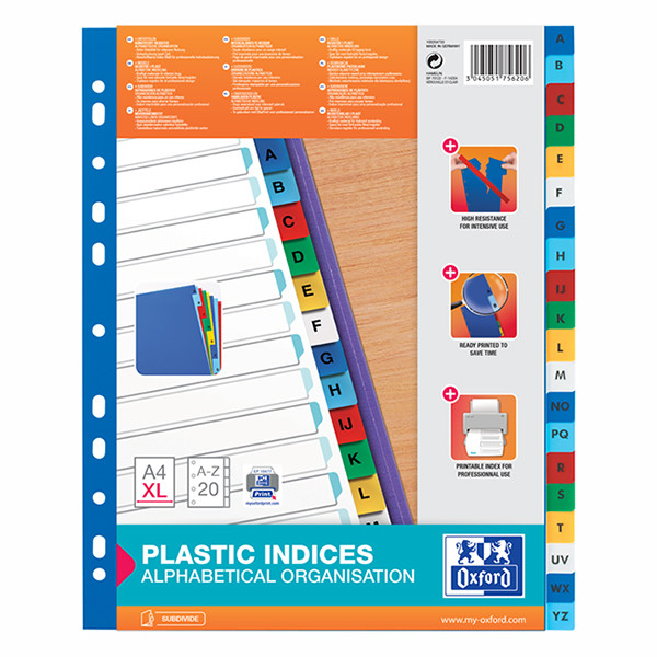 Oxford gekleurde plastic tabbladen A4 XL met 20 tabs A-Z (11-gaats) 100204733 237533 - 2