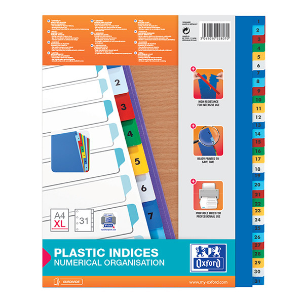 Oxford gekleurde plastic tabbladen A4 XL met 31 tabs (11-gaats) 100204822 237532 - 1