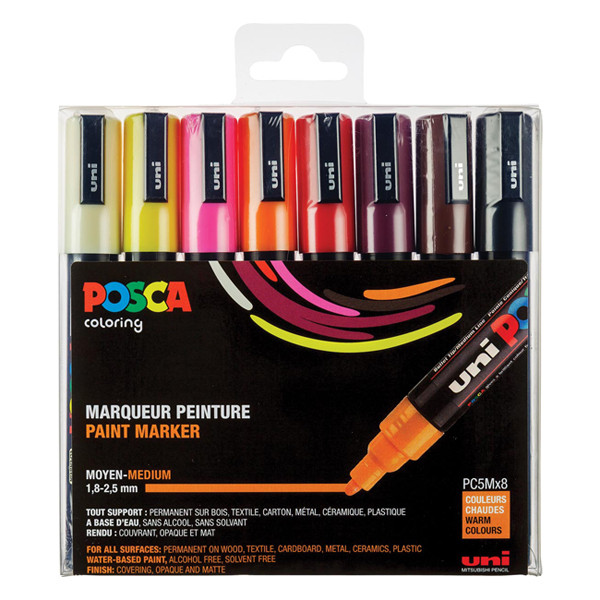 POSCA PC-5M verfmarkerset warm (1,8 - 2,5 mm rond) 8 stuks PC5M/8AASS15 424171 - 1