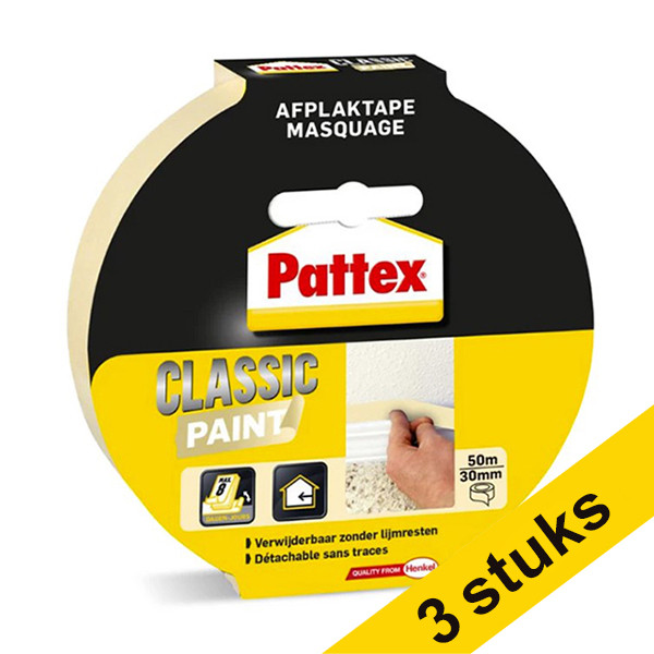 Aanbieding: 3x Pattex Classic Paint schilderstape 30 mm x 50 m Classic crème 206274 - 1