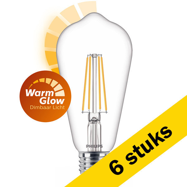 Aanbieding: 6x Philips Edison E27 filamentledlamp WarmGlow 5.9W (60W) LPH02540 - 1