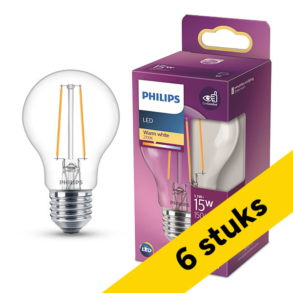 Aanbieding: 6x Philips ledlamp E27 | kogel P45 | filament | helder | 2700K | 1,1W (15W) LPH04154 - 1