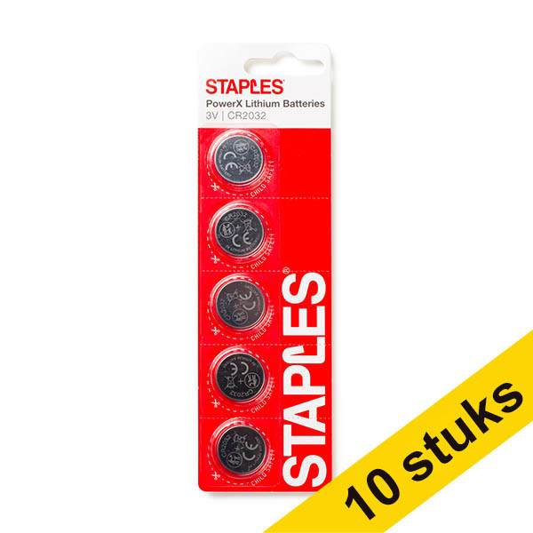 Aanbieding: 10x Staples PowerX CR2025 Lithium knoopcelbatterij (5 stuks) 390698 - 1
