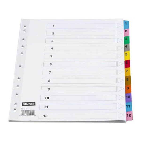 Staples voorbedrukte tabbladen A4 11-gaats 1-12 gekleurd 299355 - 2
