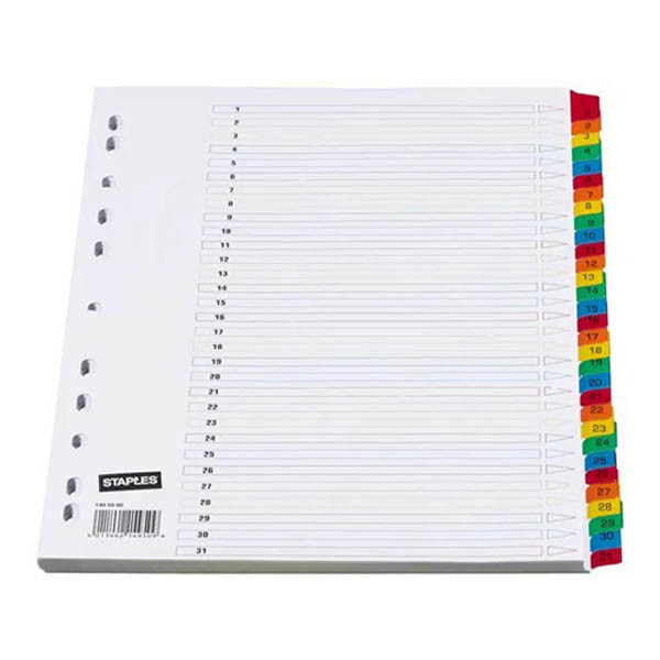 Staples voorbedrukte tabbladen A4 11-gaats 5-delig 1-31gekleurd 299347 - 2