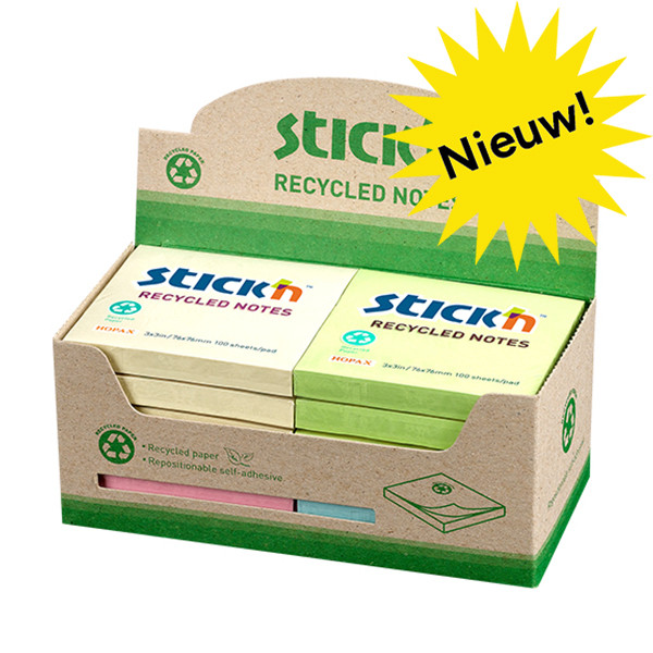 Stick'n gerecycleerde memoblokken 76 x 76 mm 4x assorti pastel (12 stuks) 21433 201853 - 1