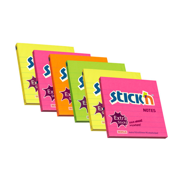 Stick'n memoblok extra sticky fluo gelijnd 101 x 101 mm (6 stuks) EH7672 201767 - 1