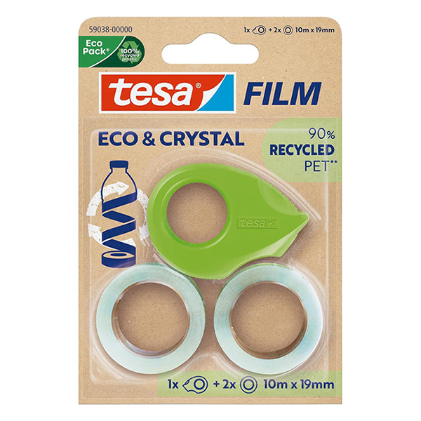 Tesa Eco & Crystal plakband 19 mm x 10 m (2 rollen) + dispenser 203386 - 1