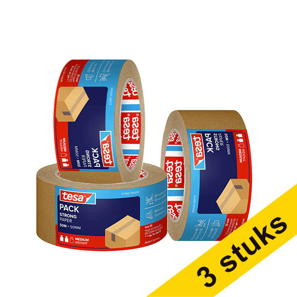 Tesa Eco Sterke Kleefkracht verpakkingstape bruin papier 50 mm x 50 m (3 rollen) 203304 - 1