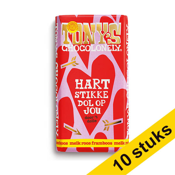 Aanbieding: 10x Tony's Chocolonely Melk Roos Framboos dol op jou chocoladereep 180 gram 137231 - 1